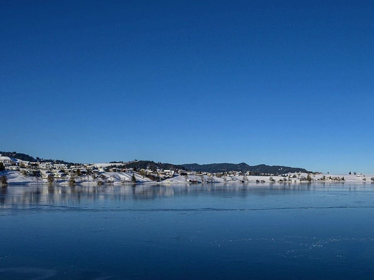 Un lago de montaña oscuro bajo un cielo estrellado despejado